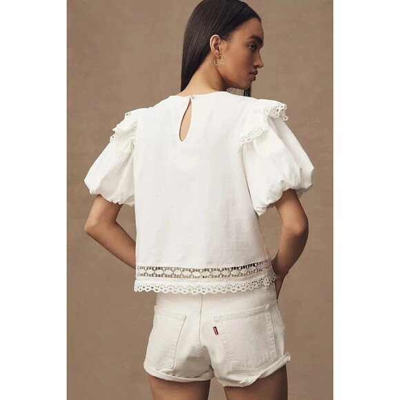 By Anthropologie Puff-Sleeve Cutwork Blouse Top Embroidered Cotton XXS 281553 - Picture 4 of 8